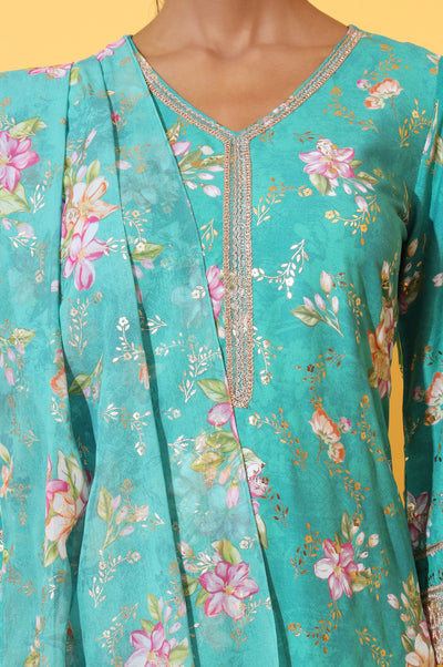 Green Floral Printed A-line Kurta, Trousers and Stole Set