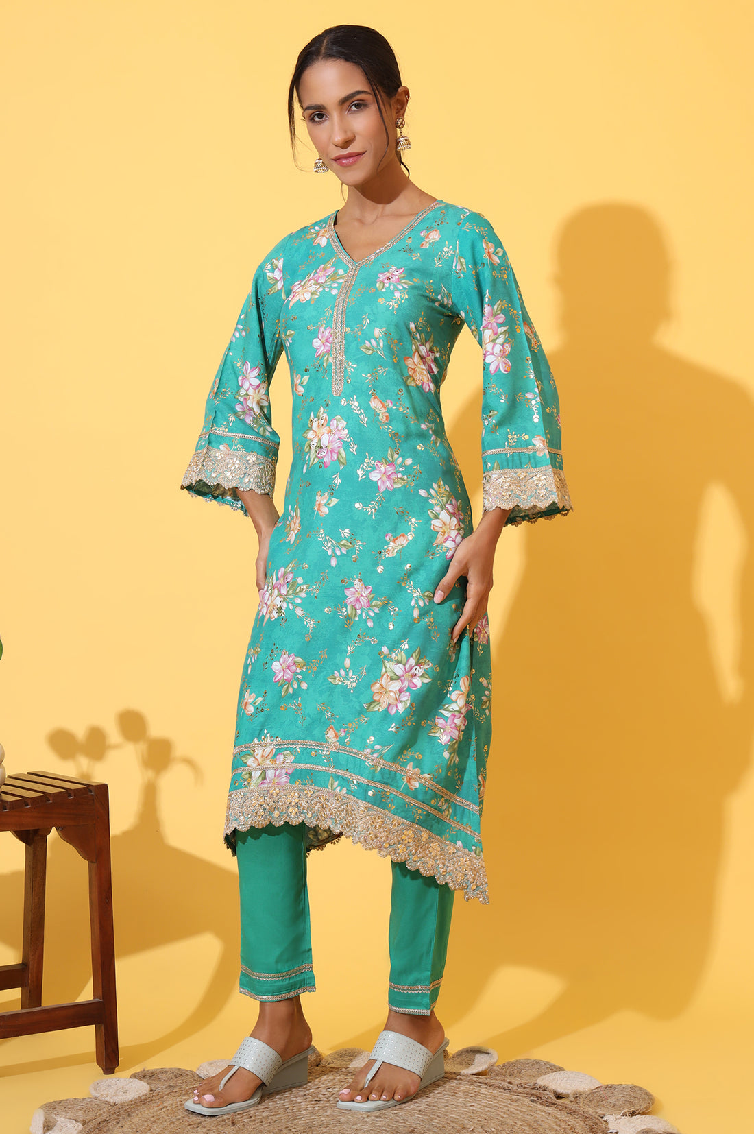 Green Floral Printed A-line Kurta, Trousers and Stole Set