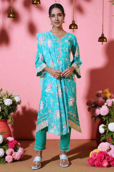 Green Floral Printed A-line Kurta, Trousers and Stole Set
