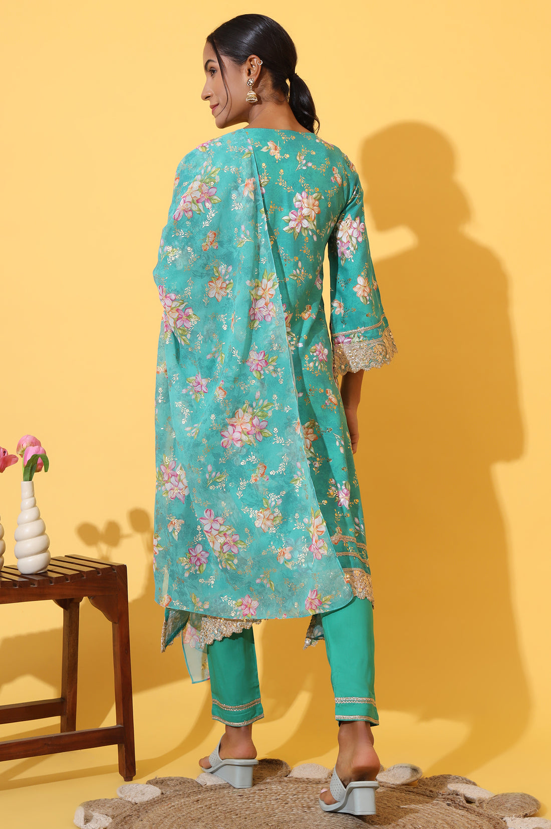 Green Floral Printed A-line Kurta, Trousers and Stole Set