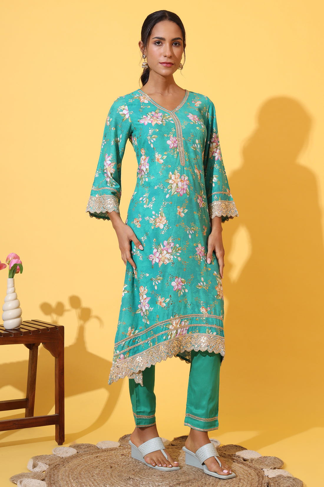 Green Floral Printed A-line Kurta, Trousers and Stole Set
