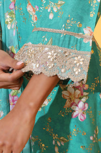 Green Floral Printed A-line Kurta, Trousers and Stole Set