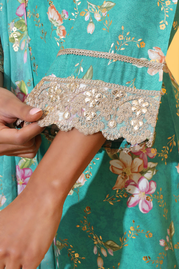 Green Floral Printed A-line Kurta, Trousers and Stole Set