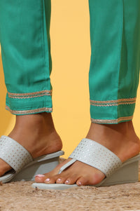 Green Floral Printed A-line Kurta, Trousers and Stole Set