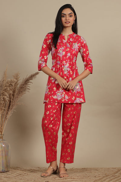 Red Bold Floral Printed A-line Kurta and Pants Co-ord Set