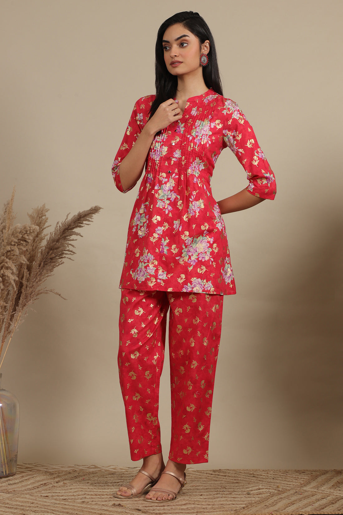 Red Bold Floral Printed A-line Kurta and Pants Co-ord Set