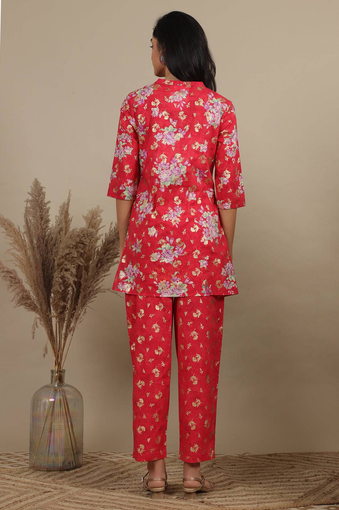Red Bold Floral Printed A-line Kurta and Pants Co-ord Set