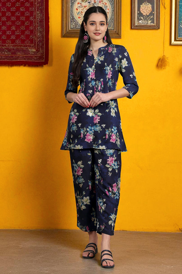 Blue Bold Floral Printed A-line Kurta and Pants Co-ord Set