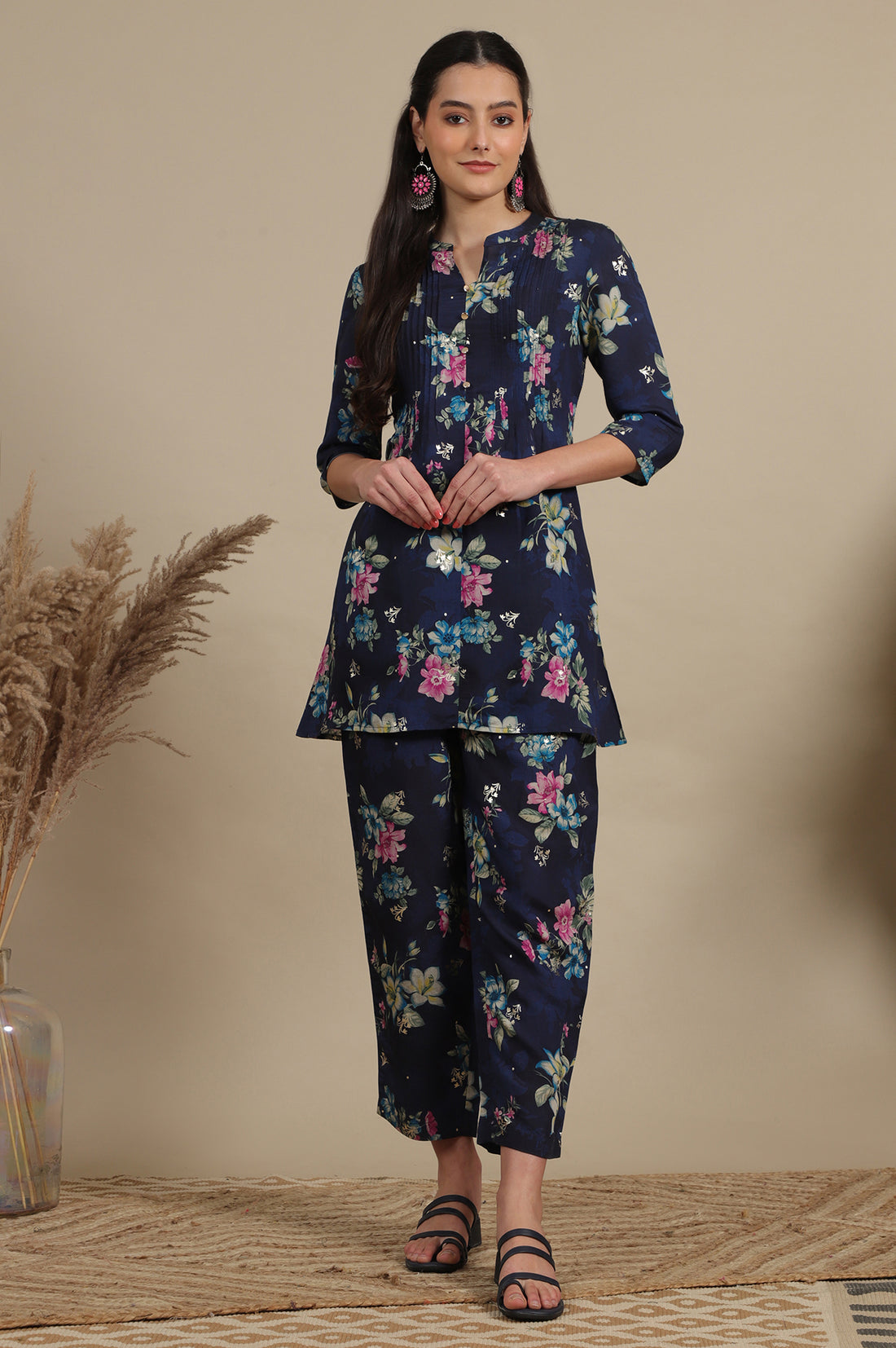 Blue Bold Floral Printed A-line Kurta and Pants Co-ord Set