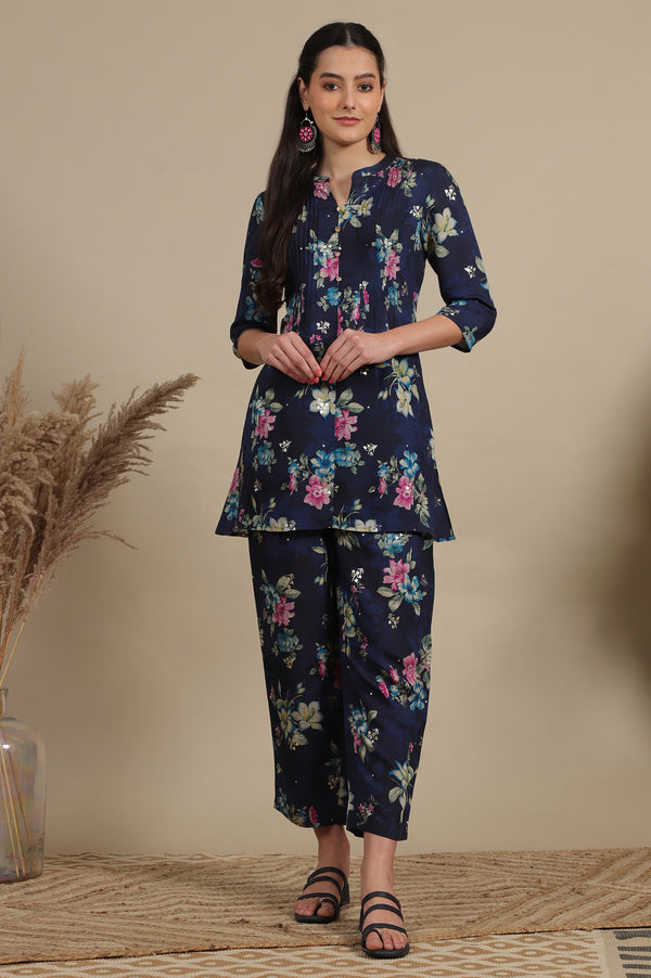 Blue Bold Floral Printed A-line Kurta and Pants Co-ord Set