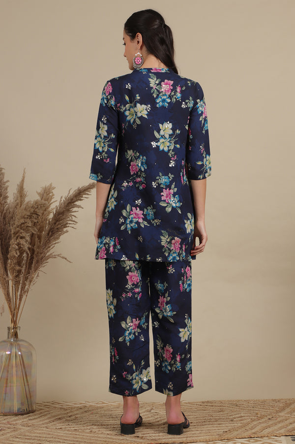 Blue Bold Floral Printed A-line Kurta and Pants Co-ord Set