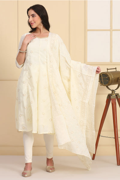 Cream Solid Schiffli Embroidered Flared Kurta, Leggings and Dupatta Set