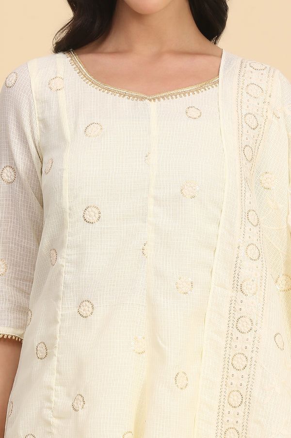 Cream Solid Schiffli Embroidered Flared Kurta, Leggings and Dupatta Set