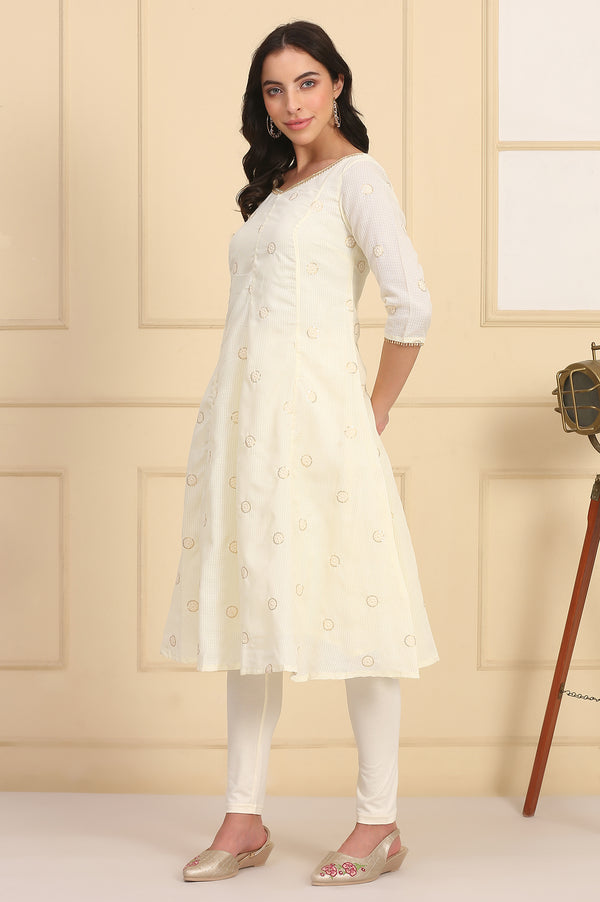 Cream Solid Schiffli Embroidered Flared Kurta, Leggings and Dupatta Set