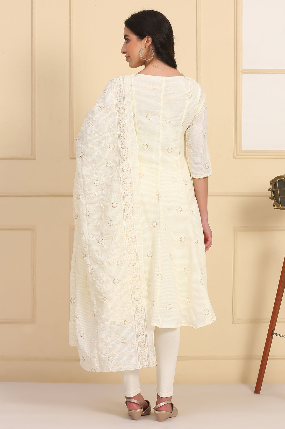 Cream Solid Schiffli Embroidered Flared Kurta, Leggings and Dupatta Set