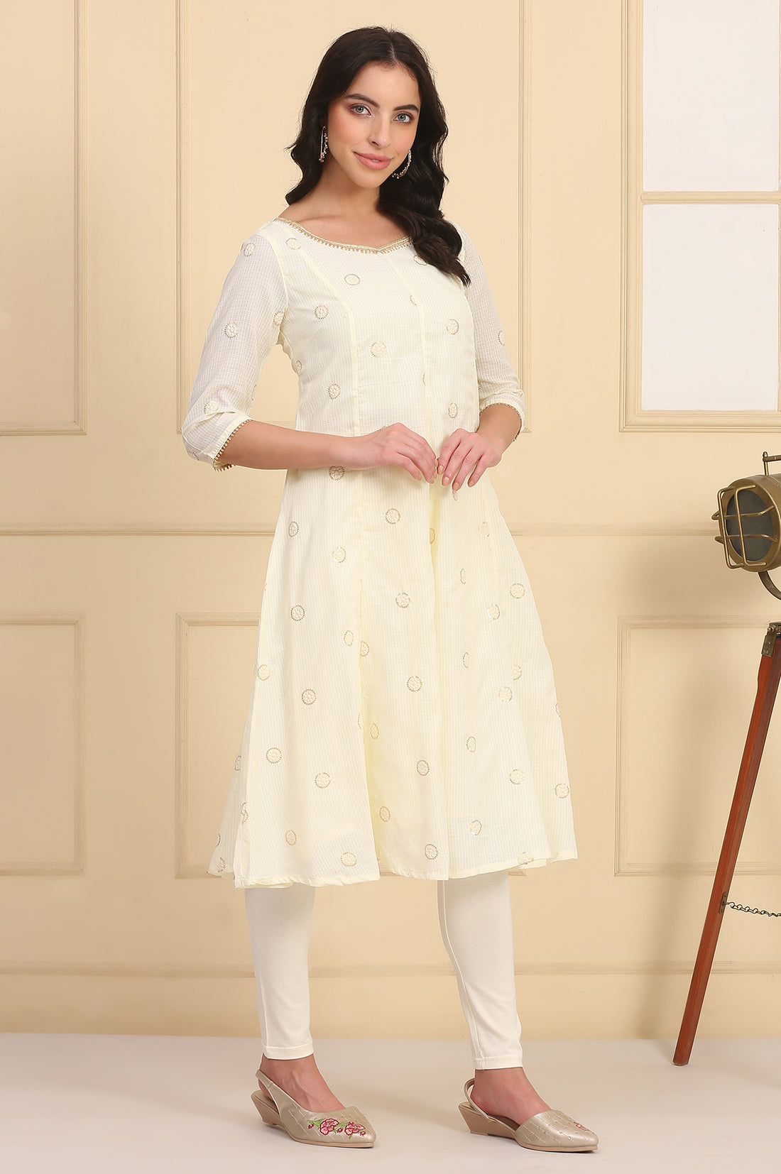 Cream Solid Schiffli Embroidered Flared Kurta, Leggings and Dupatta Set
