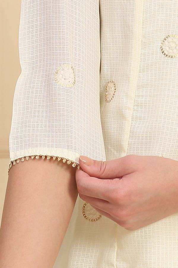 Cream Solid Schiffli Embroidered Flared Kurta, Leggings and Dupatta Set