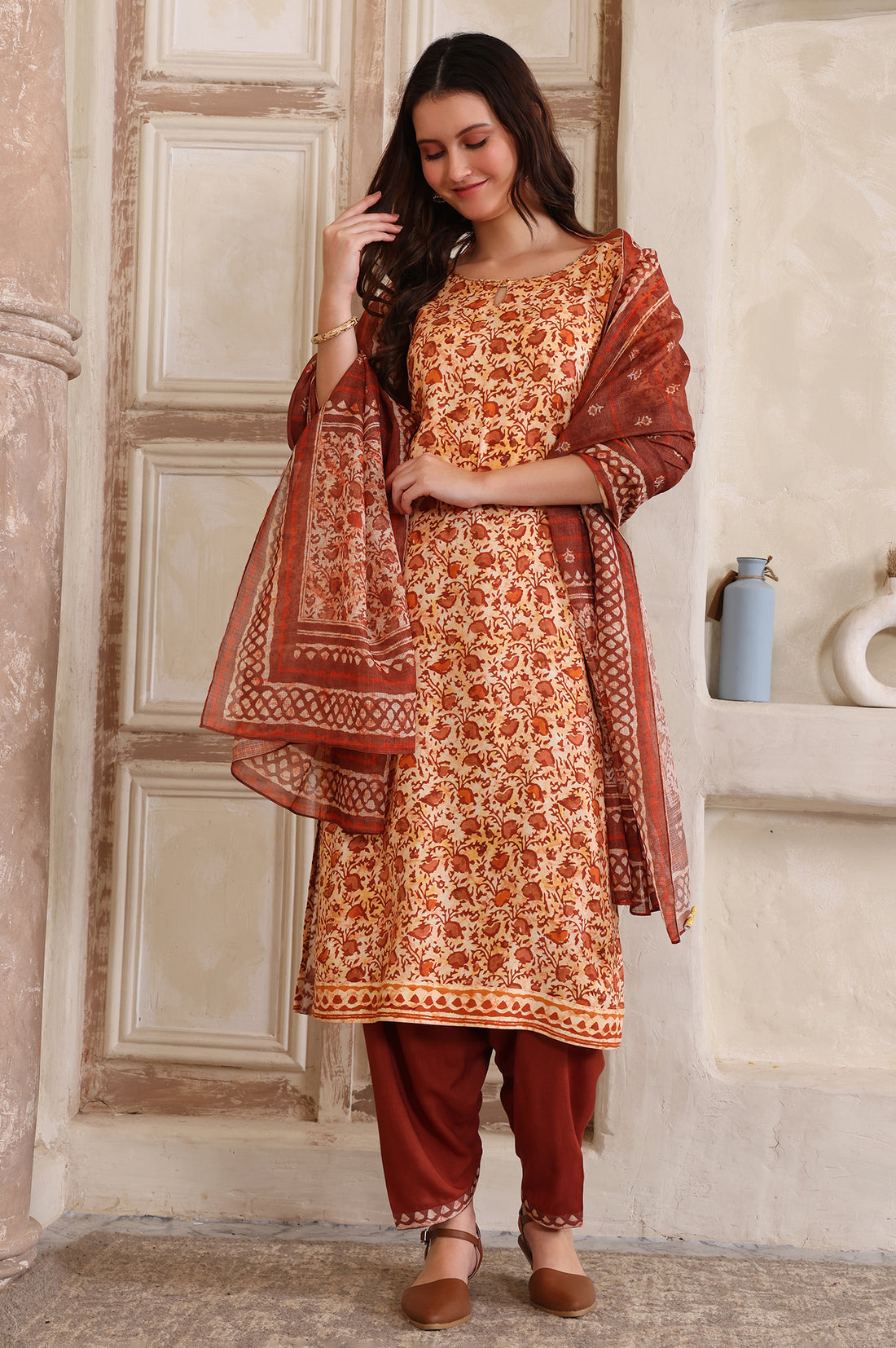 Brown Floral Printed Sequinned Straight Kurta, Salwar and Dupatta Set