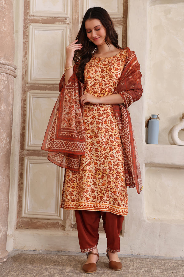 Brown Floral Printed Sequinned Straight Kurta, Salwar and Dupatta Set