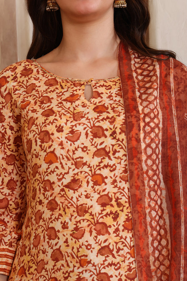 Brown Floral Printed Sequinned Straight Kurta, Salwar and Dupatta Set