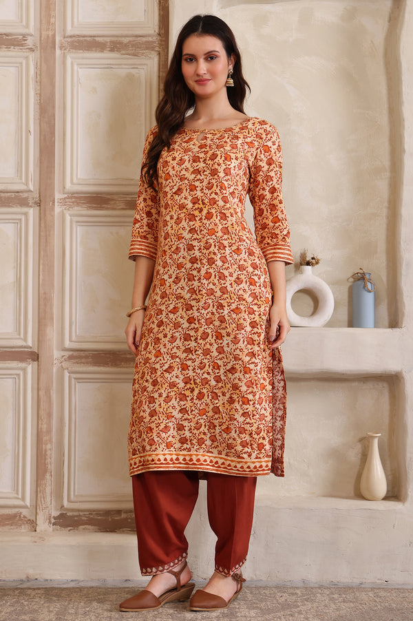 Brown Floral Printed Sequinned Straight Kurta, Salwar and Dupatta Set