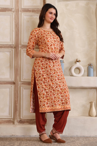 Brown Floral Printed Sequinned Straight Kurta, Salwar and Dupatta Set