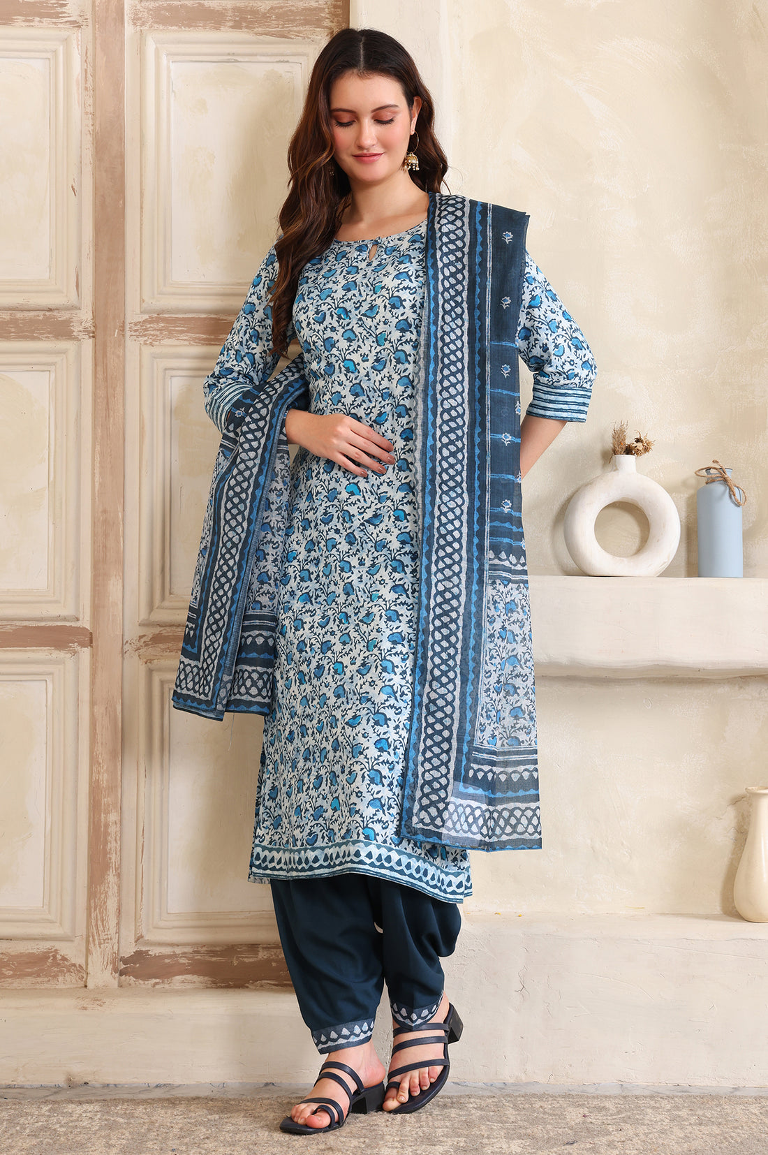 Blue Floral Printed Sequinned Straight Kurta, Salwar and Dupatta Set