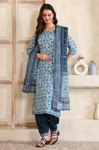 Blue Floral Printed Sequinned Straight Kurta, Salwar and Dupatta Set