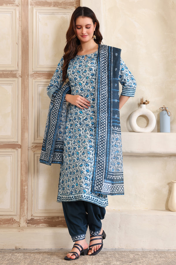Blue Floral Printed Sequinned Straight Kurta, Salwar and Dupatta Set