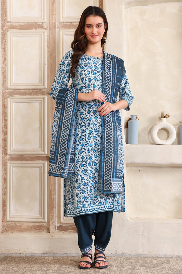 Blue Floral Printed Sequinned Straight Kurta, Salwar and Dupatta Set