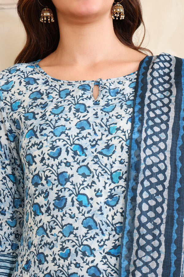Blue Floral Printed Sequinned Straight Kurta, Salwar and Dupatta Set