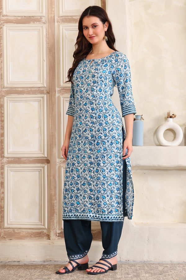 Blue Floral Printed Sequinned Straight Kurta, Salwar and Dupatta Set