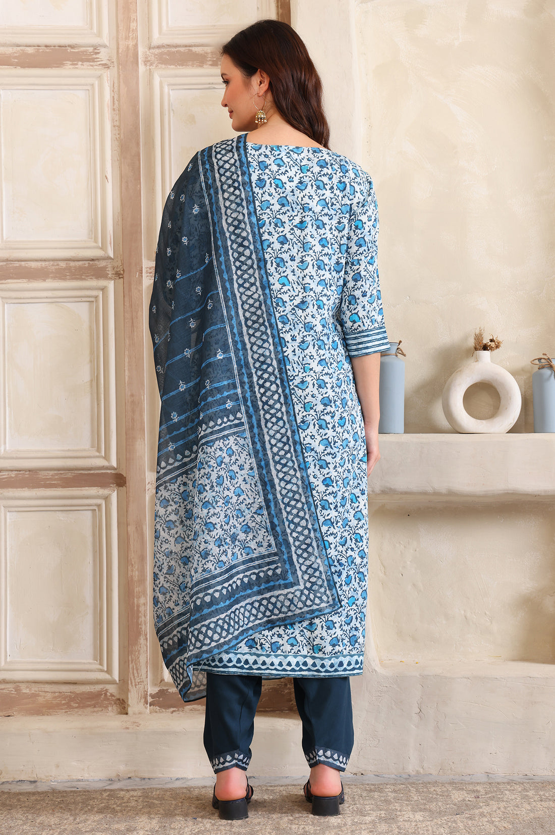Blue Floral Printed Sequinned Straight Kurta, Salwar and Dupatta Set
