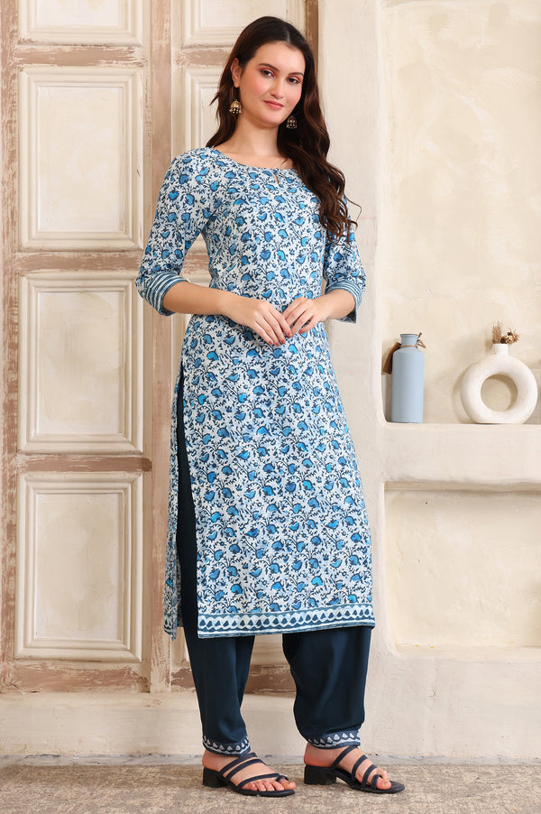 Blue Floral Printed Sequinned Straight Kurta, Salwar and Dupatta Set