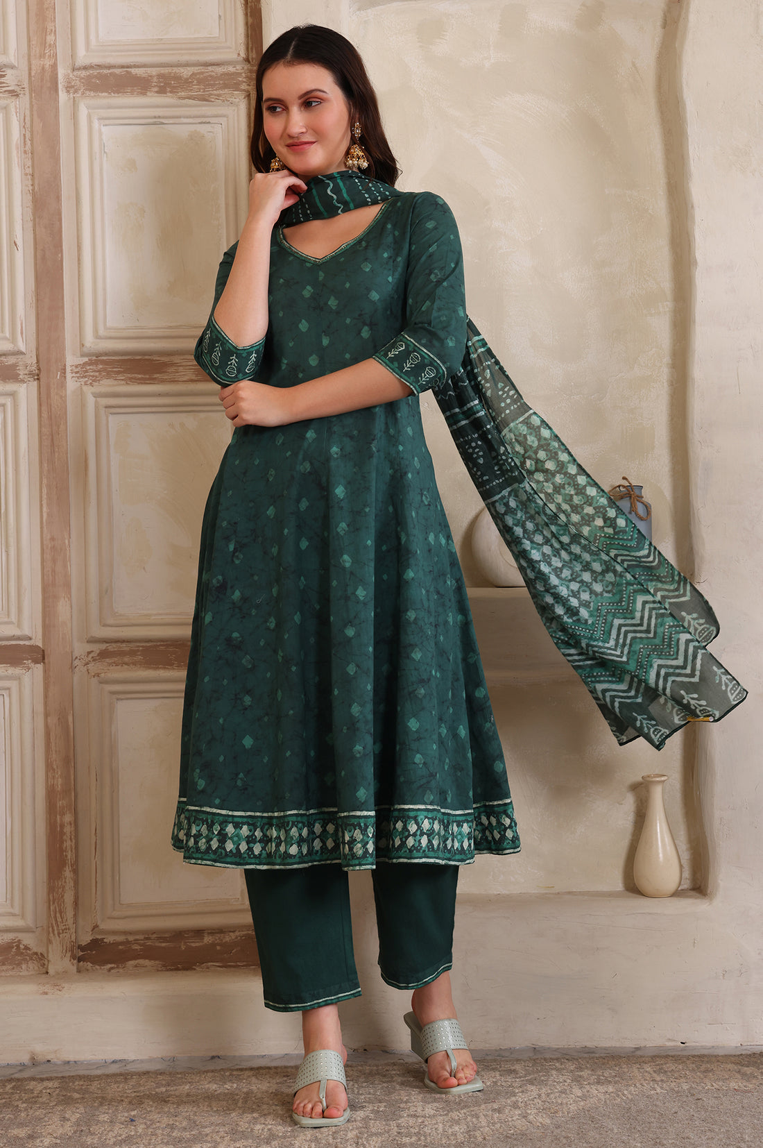 Green Printed Sequinned Flared Cotton Kurta, Trouser and Dupatta Set