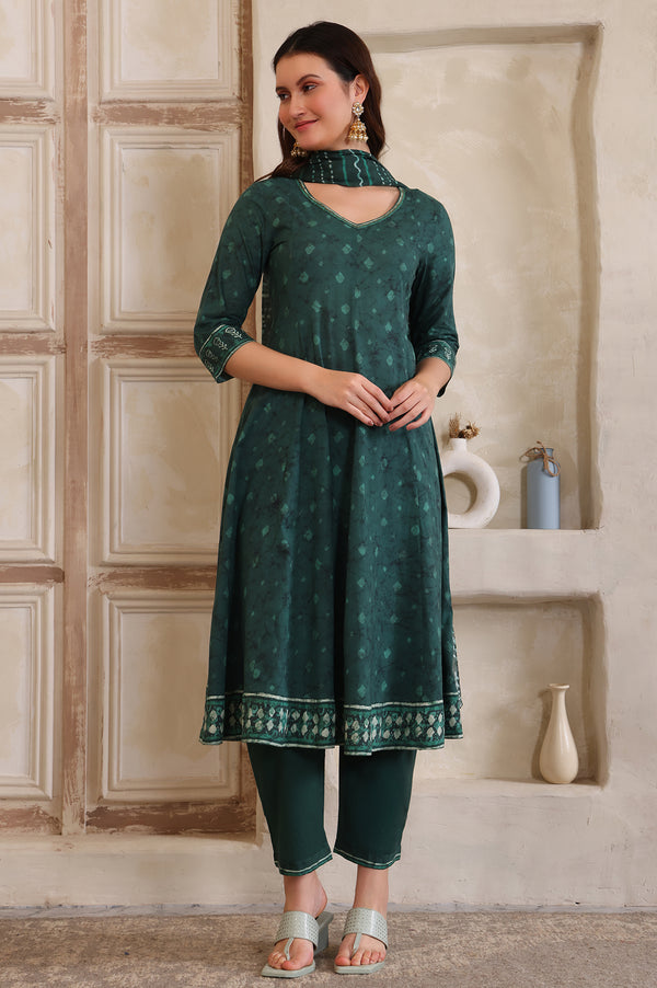 Green Printed Sequinned Flared Cotton Kurta, Trouser and Dupatta Set