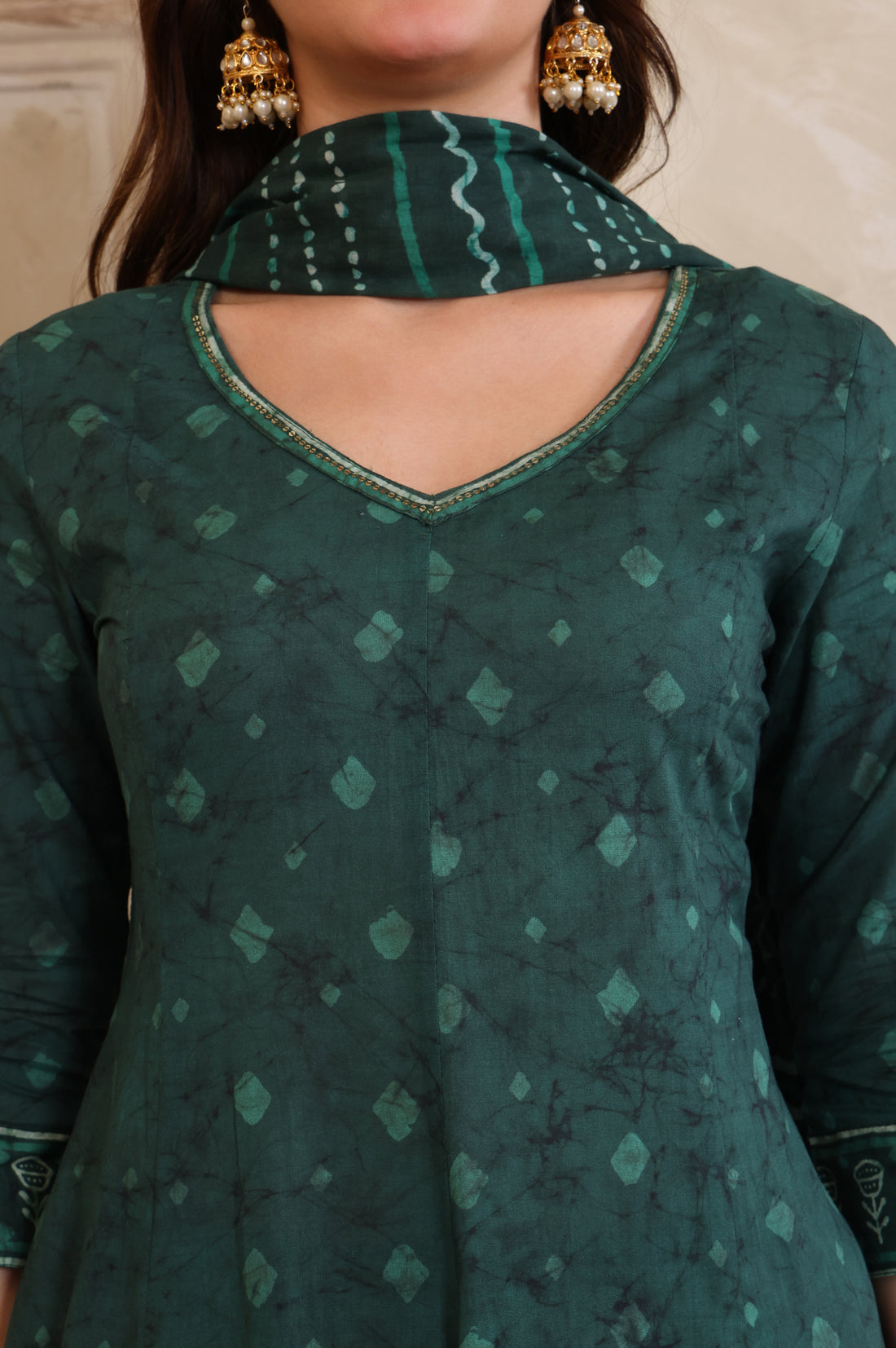 Green Printed Sequinned Flared Cotton Kurta, Trouser and Dupatta Set