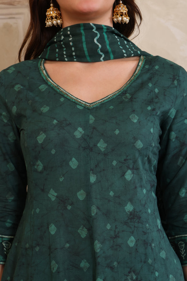 Green Printed Sequinned Flared Cotton Kurta, Trouser and Dupatta Set
