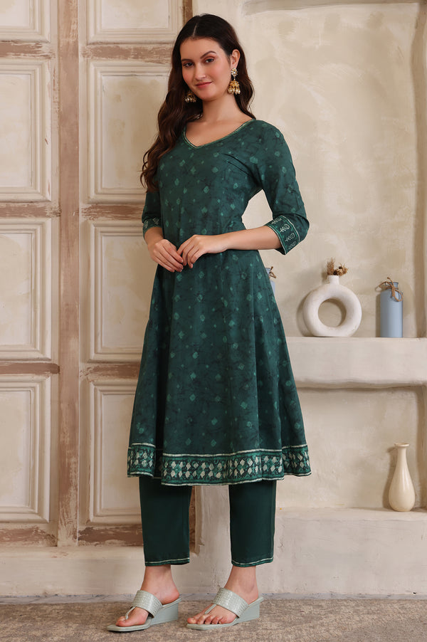 Green Printed Sequinned Flared Cotton Kurta, Trouser and Dupatta Set