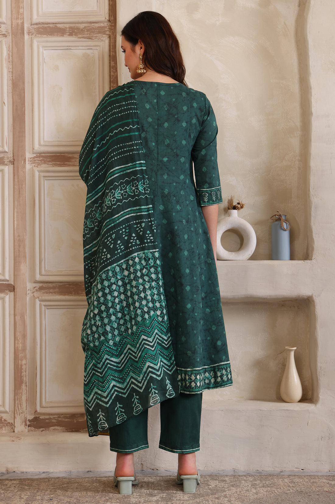 Green Printed Sequinned Flared Cotton Kurta, Trouser and Dupatta Set