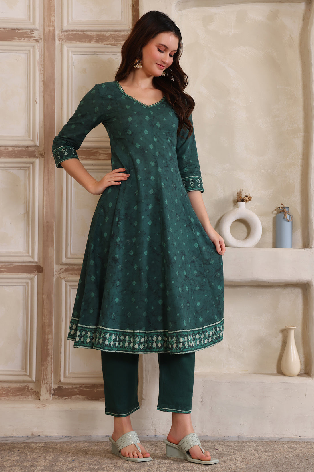 Green Printed Sequinned Flared Cotton Kurta, Trouser and Dupatta Set
