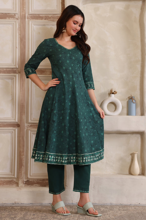 Green Printed Sequinned Flared Cotton Kurta, Trouser and Dupatta Set