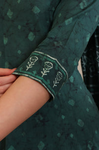 Green Printed Sequinned Flared Cotton Kurta, Trouser and Dupatta Set