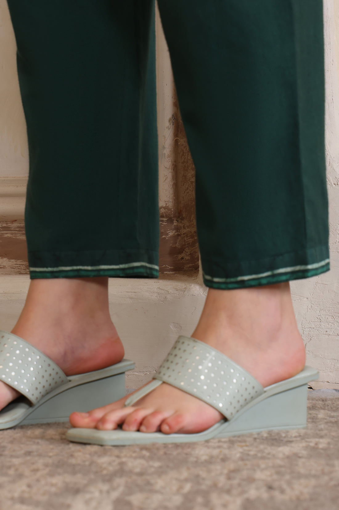 Green Printed Sequinned Flared Cotton Kurta, Trouser and Dupatta Set