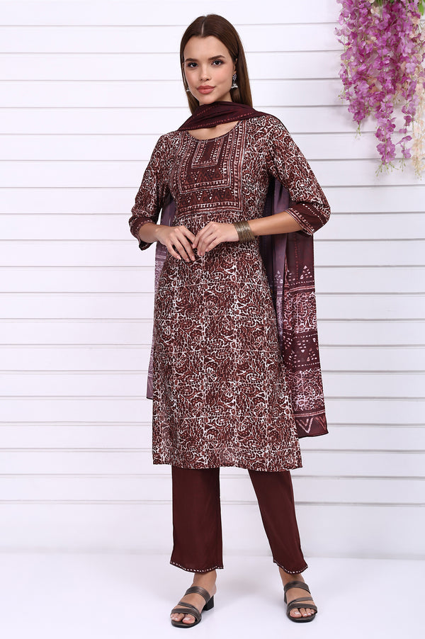 Brown Batik Printed Sequins Modal Straight Kurta, Trousers and Dupatta Set