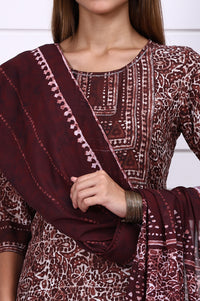 Brown Batik Printed Sequins Modal Straight Kurta, Trousers and Dupatta Set