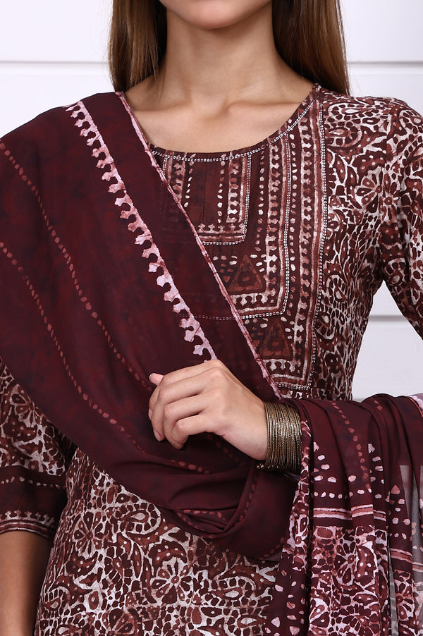 Brown Batik Printed Sequins Modal Straight Kurta, Trousers and Dupatta Set