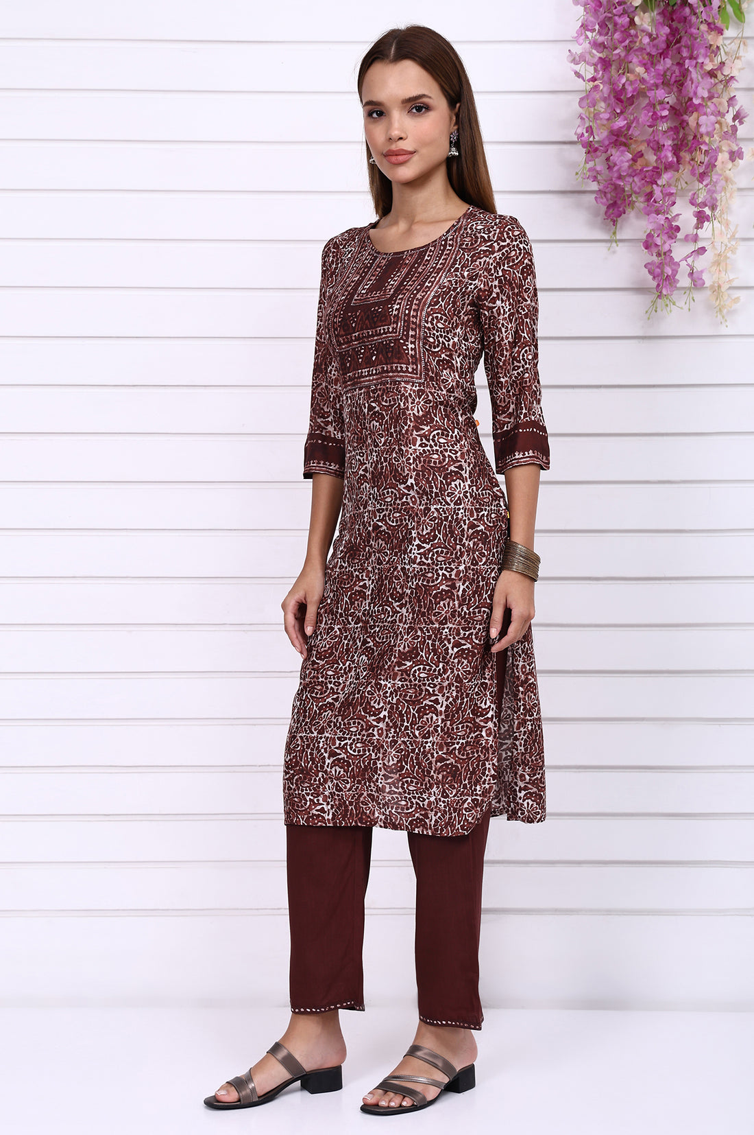 Brown Batik Printed Sequins Modal Straight Kurta, Trousers and Dupatta Set
