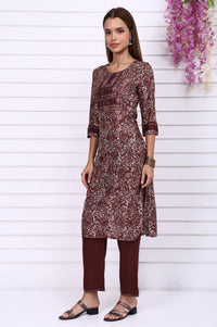 Brown Batik Printed Sequins Modal Straight Kurta, Trousers and Dupatta Set