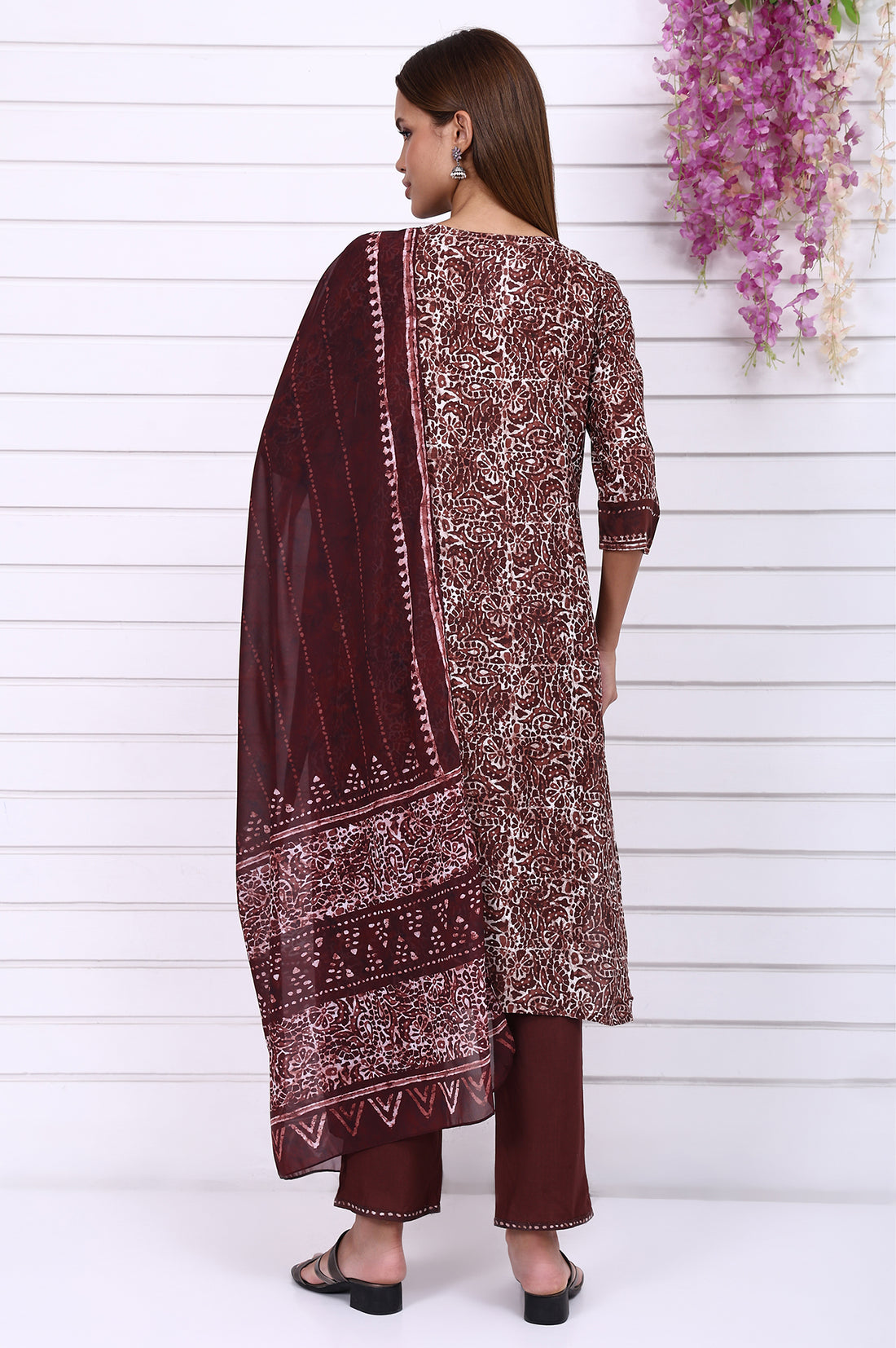 Brown Batik Printed Sequins Modal Straight Kurta, Trousers and Dupatta Set